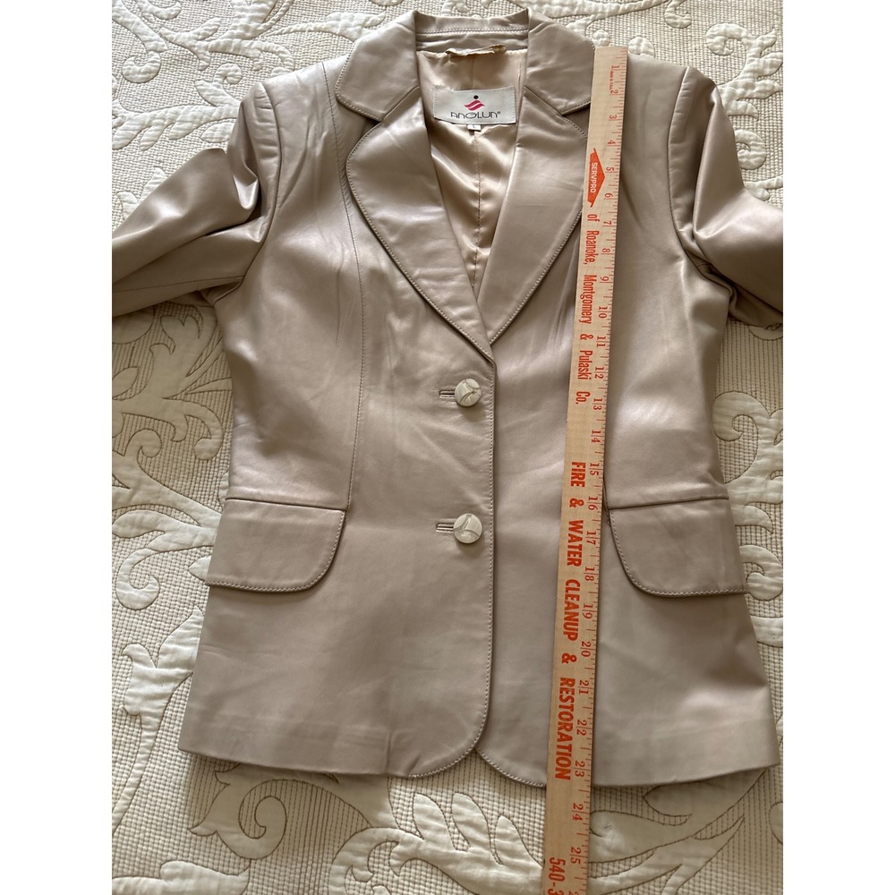Anglun Womens Beige Leather Blazer Jacket Size L Two Button Tailored Lined Tan - Picture 5 of 9